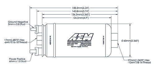 Genuine AEM 400LPH Inline Fuel Pump – Metric 8AN Inlet / 6AN Outlet – AEM-50-1009-0806